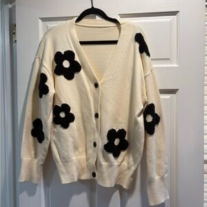 Cider Cream Cardigan with Black Floral Accents